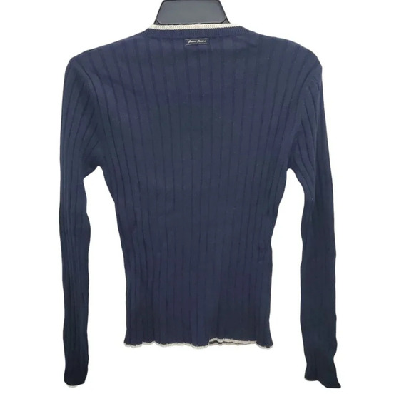 Guess Jeans Women's Vintage Navy Ivory‎ Preppy Ribbed V-neck Academia Sweater L - Picture 8 of 8